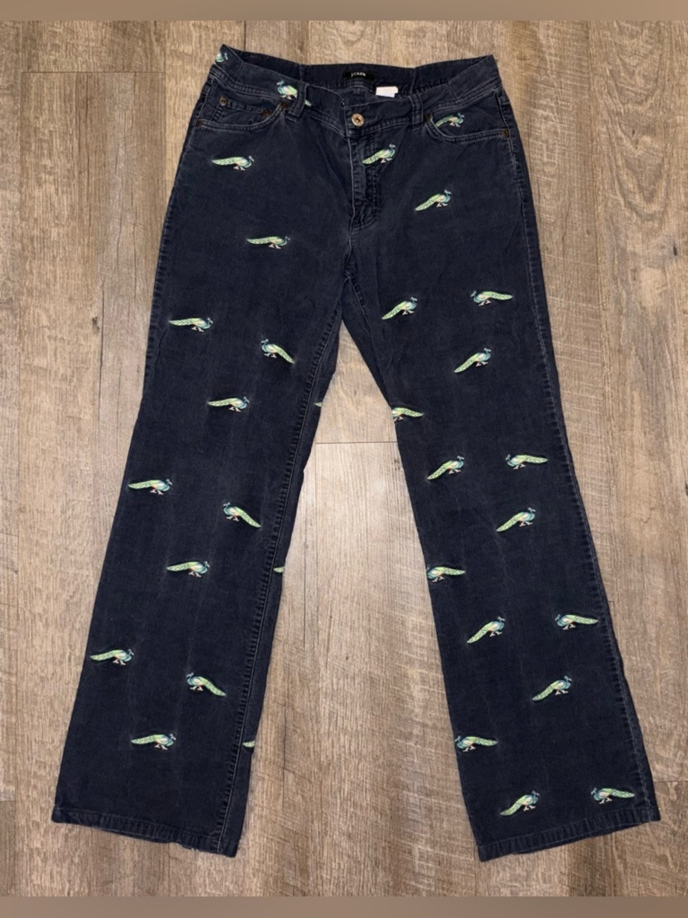 J Crew Navy Blue Corduroy Peacock-Embroidered Jeans